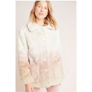 Anthropologie Ombre Faux Fur Coat Teddy Button Front‎ Sz S Cream Pink Tan